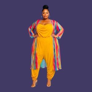 Vibrant Yellow Jumpsuit with Multicolor Stripe Cardigan